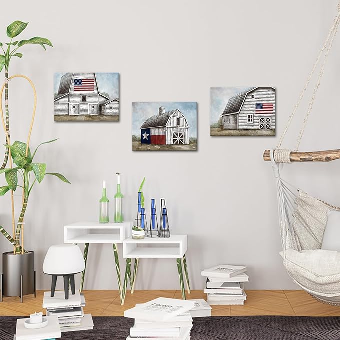 LevvArts Farmhouse Canvas Wall Art Vintage Barn with Flag Painting Prints Texas Landscape Picture Artwork Rustic Farm Country Room Decor (Small)