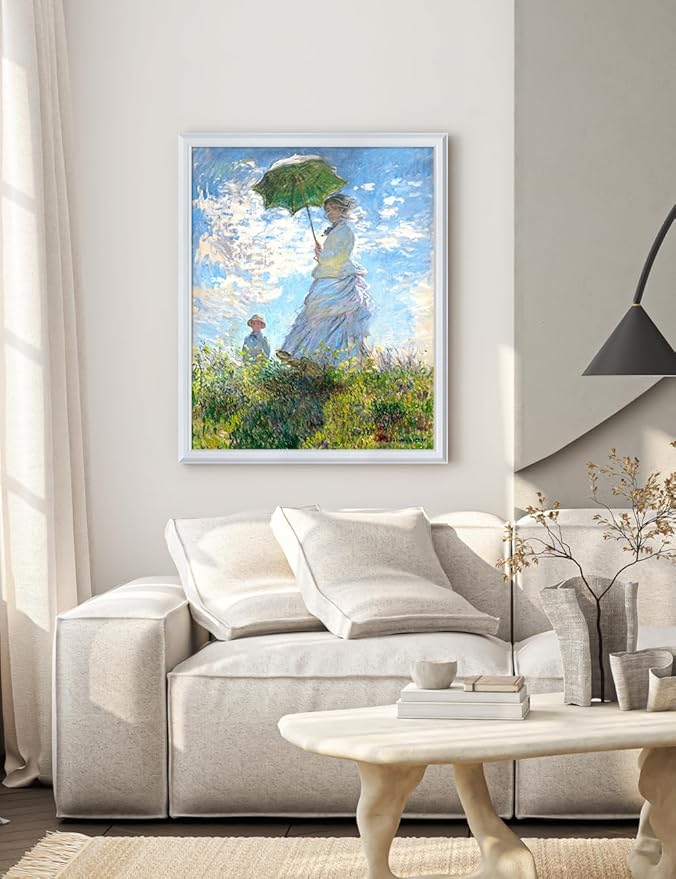 DECORARTS - Claude Monet Woman With a Parasol, Large Framed Wall Art, Canvas Size 28x35, Outer Dimensions Larger With Customizable Solid Wood Frames, Giclee Canvas Print, Made in USA