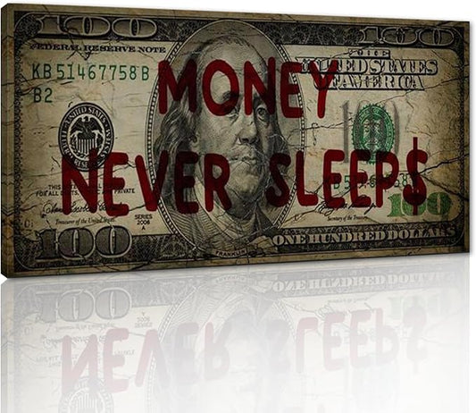 Canvas Money Wall Art Money Never Sleeps Inspirational Dollar Artwork Poster Canvas Painting Framed Ready to Hang-32x16 inches