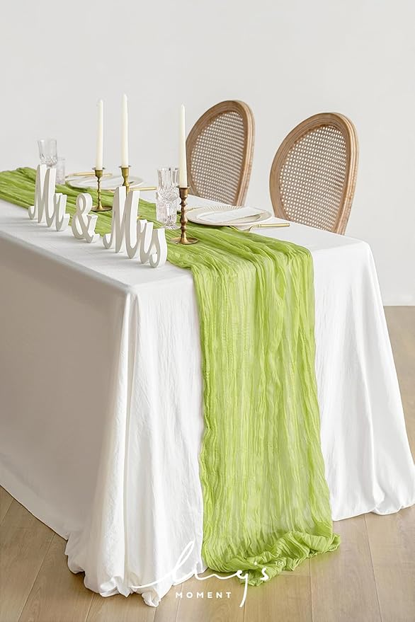 Ling's moment 14Ft Light Green Cheesecloth Table Runner Lily of The Valley Lime Green Tablecloth Sage Table Runners for Wedding Celebrations for Baby Shower Decorations