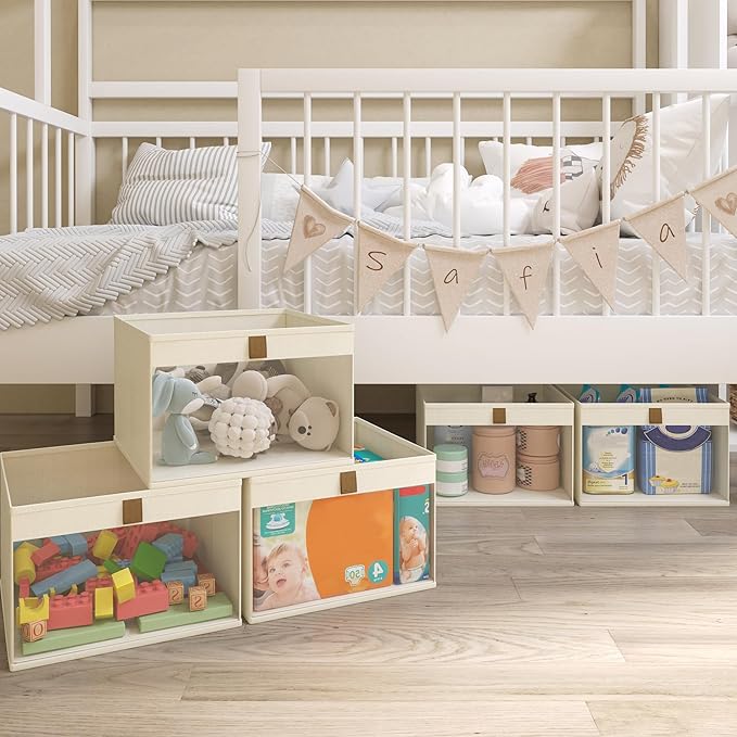 Linen Closet Organizers and Storage, Closet Storage Bins Basket Organizer, Foldable Organization Baskets with Mesh Window for Clothes Towels and Toys, 12.75" x 12.75" x 9", Beige, 6 pack