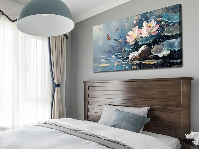 Ardemy Lotus Wall Art for Living Room Butterfly Canvas Art Wall Decor Textured Pictures Artwork Bedroom Kitchen Dining Home Office, Large 40"x20"