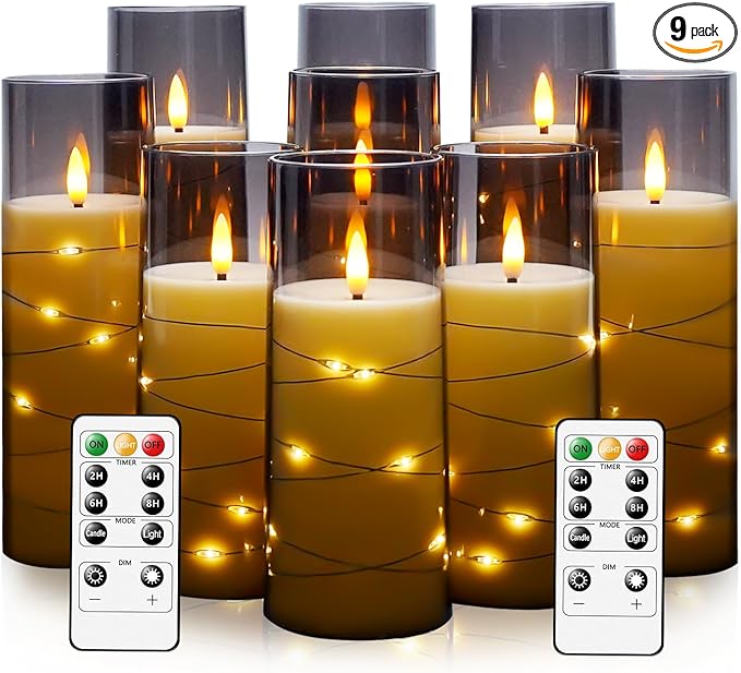 Flameless LED Candles with Timer 9 Pc Flickering Flameless Candles for Romantic Ambiance and Home Decoration Stable Acrylic Shell,with Embedded Star String，Battery Operated Candles（Grey）