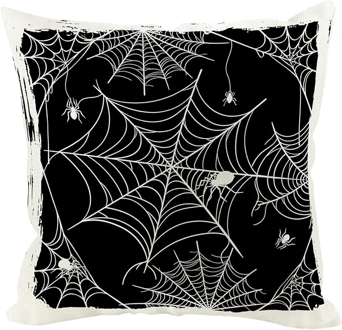 Halloween Pillow Covers 18x18 inch Set of 4, Linen Outdoor Pumpkin Spider Web Vintage Farmhouse Party Supplies Black and White Decorations for Sofa Couch