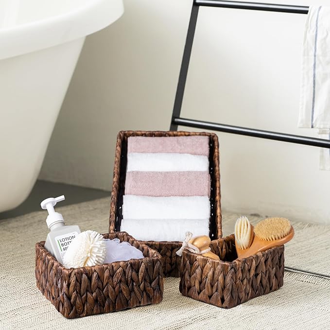 FairyHaus Wicker Baskets for Organizing 3Pack, Large and Small Wicker Storage Baskets Set, Hand Woven Baskets for Storage, Brown Water Hyacinth Storage Baskets for Pantry Shelf
