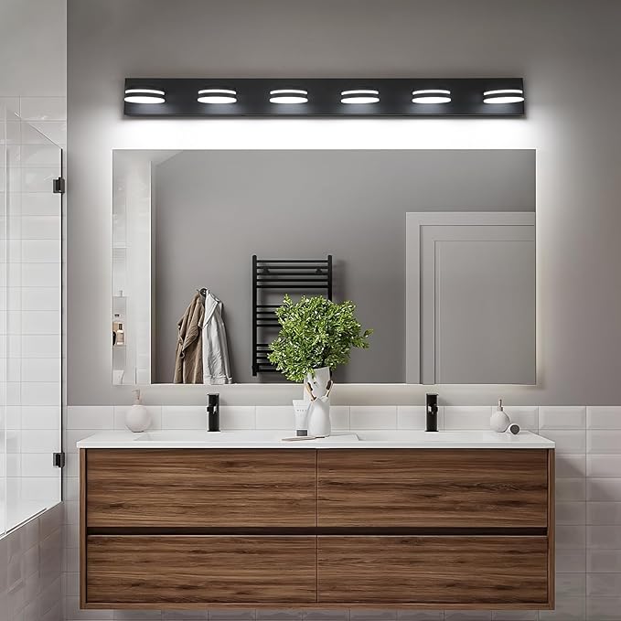 6-Light Bathroom Vanity Light Over Mirror, Matte Black LED Vanity Lighting Fixtures, Modern Bathroom Wall Light Fixtures with 360°Rotating Lamp Head (Cool White 5500K) (Black, 47Inch)