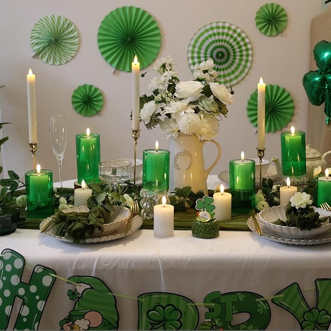 NURADA Flameless Candles with Remote Timer - Glass Holder Real Wax 3D Wick LED Pillar Votive Candle Set Battery Operated Flickering Light for St Patricks Day Home Decor-Green 3 Pack