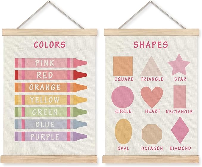 Supwhd Shapes Colors Posters for Classroom Wall, Shapes Colors Learning Poster Hanger Frame Wall Decor for Classroom Nursery Kids Room Playroom Preschool Decor, 12x16 Set of 2（Pink）