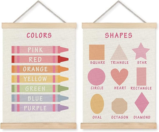 Supwhd Shapes Colors Posters for Classroom Wall, Shapes Colors Learning Poster Hanger Frame Wall Decor for Classroom Nursery Kids Room Playroom Preschool Decor, 12x16 Set of 2（Pink）