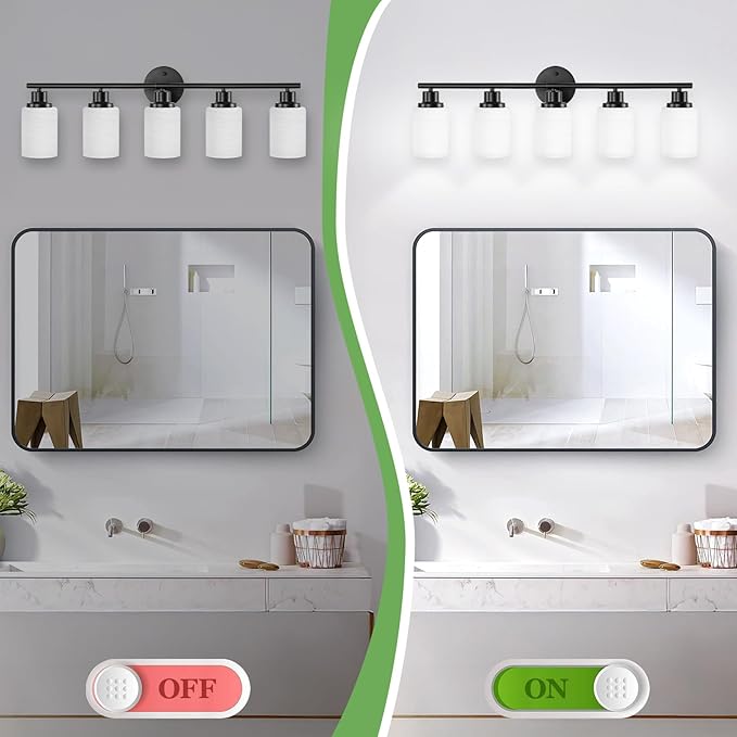 5-Light Matte Black Vanity Lights, Bathroom Light Fixtures with Milky White Frosted Striped Glass Shade, Modern Bathroom Lighting Fixtures Over Mirror Wall Sconce Light - E26 Base