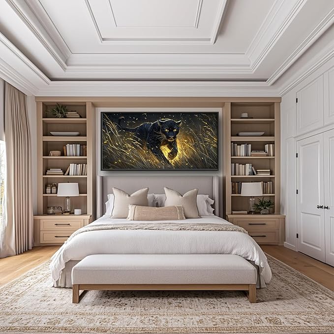 Flintis Large Black Leopard Framed Wall Art Leopard Pictures Wall Decor Abstract Animal Portrait Canvas Painting Print Artworks Decor Framed for Living Room Bathroom Master Bedroom Office 60L X 30W