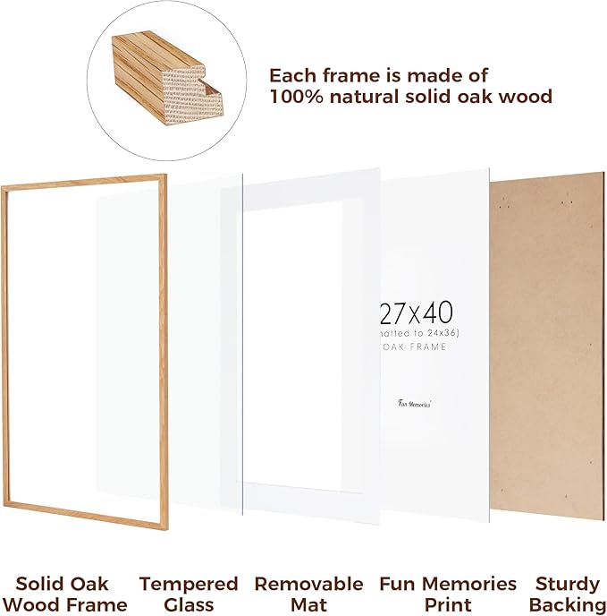 27x40 Picture Frame, Solid Oak Wood 27x40 Poster Frame for Wall, 27 x 40 Frame with Tempered Real Glass, 27x40 Frame with Mat for 24x36, Rustic Wooden 27x40 Art Frame, Natural Oak Color