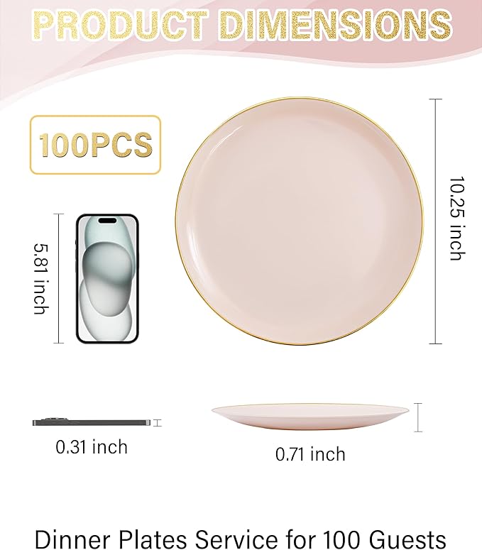 Nervure 100PCS Pink and Gold Plastic Plates - 10.25 inch Pink Disposable Plates with Gold Rim - Party Plate - Dinner Plate Ideal for Wedding & Party