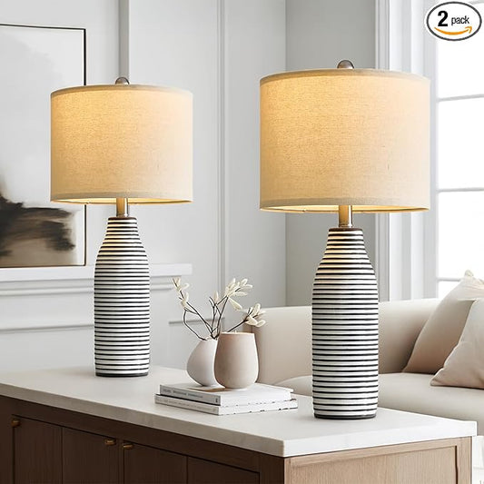 25" Ceramic Table Lamps Set of 2 Beside Lamps for Living Room Modern Bedroom Lamps for Night Stands with Rotary Switch Black and White Stripes