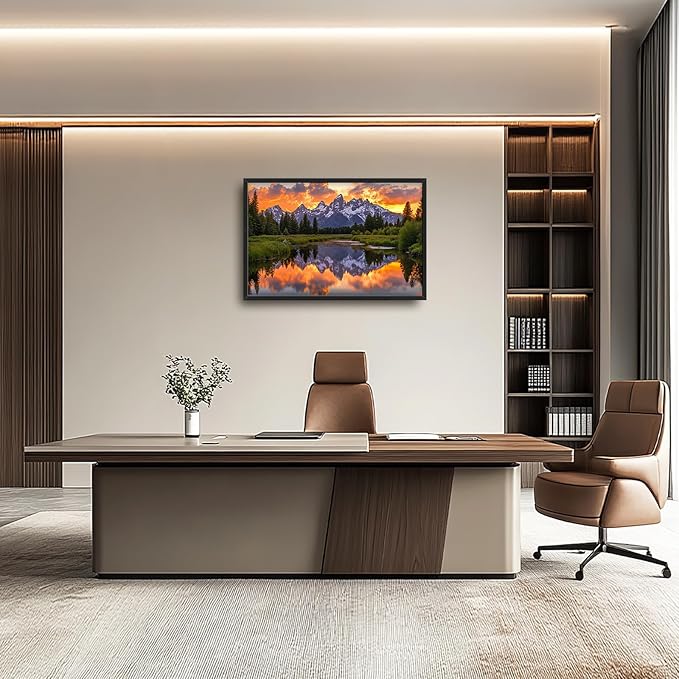 Large Mountain Lake Wall Art for Living Room, Forest Tree Canvas Wall Decor, Sunset Pictures Framed Painting, Natural Landscape Artwork for Bedroom Office 36L'' × 24W''