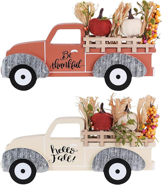 NEEDOMO Fall Decorations for Home, Large Size 2 Pack Wood Truck with Pumpkin Fall Decor, Decorative Wooden Truck Set for Room, Table, Tiered Tray, Mantel, Thanksgiving Decorations