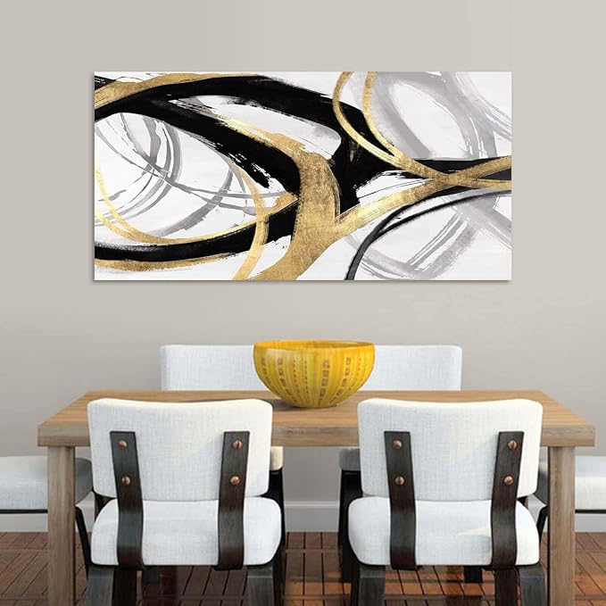 Abstract Canvas Prints Black And White Wall Art Pictures for Wall Decoration Gold Posters Graffiti Artwork Decor for Bedroom Dinning Room Home Office Kitchen 24x48 In