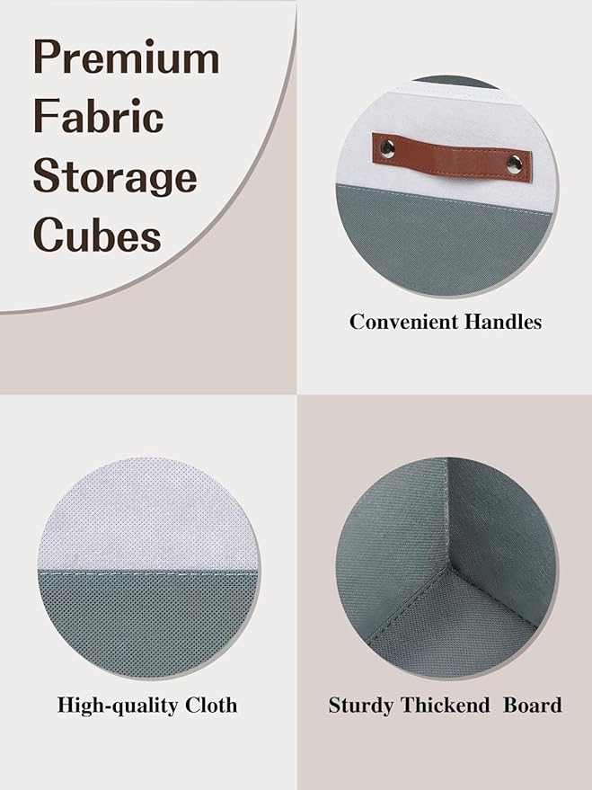 Temary 11x11 Storage Cubes Fabric Cube Storage Bins with Handles Clothes Storage Boxes Baskets for Organizing Home, Shelf, Closet (White&Grey, 11 x 11 x 11)