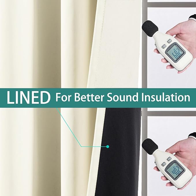 Yakamok 100% Cream Blackout Curtains for Bedroom, Light Blocking Thermal Insulated Noise Reducing Blackout Drapes for Living Room(52Wx90L, 2 Panels)