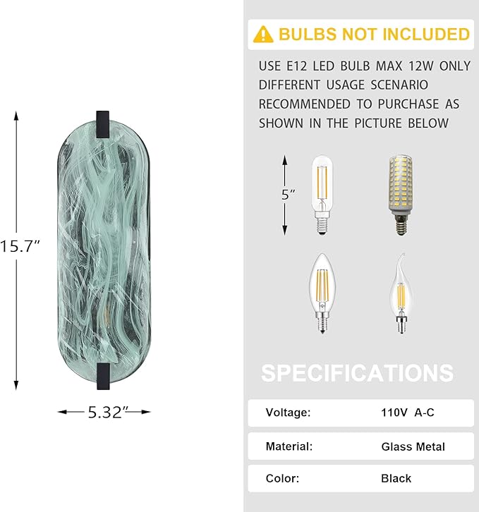 2 Light Oval Green Glass Bathroom Wall Sconce Modern Concise Style Wall Light Fixture,Black Finish for Bedroom Hallway Bedside