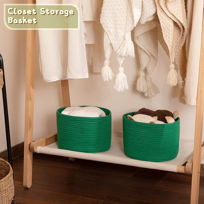 OIAHOMY Small Storage Baskets for Organizing,Closet Cube Shelf Storage, 9.8”×9.8”×7.1”, Woven Cotton Rope Gift Baskets for Nursery,Cute Dog Toy bins, Round 3 Packs, Green