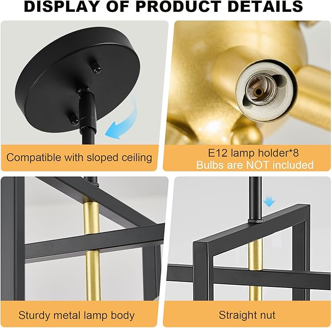 Small Modern Lantern Chandeliers, Geometric Black Gold Pendant Light Fixture, 8-Light Industrial Hanging Chandelier for Dining Room, Kitchen, Bedroom, Foyer, Entryway-UL Listed