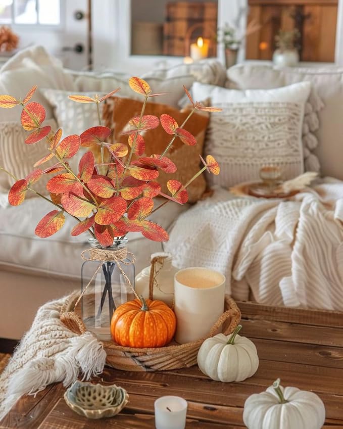 Fall Artificial Eucalyptus Stems in Glass Vase with Faux Water 14" Autumn Eucalyptus Branches Fall Home Table Decor Fake Fall Plants Stems for Farmhouse Kitchen Bathroom Decorations