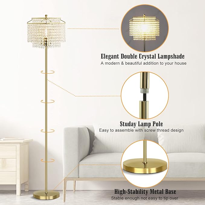 Luvkczc Gold Crystal Floor Lamp, 64" Tall Elegant Standing Lamp with On-Off Foot Switch, Double-Layer Lampshade, Standing Floor Lamps for Living Room, Bedroom, Office, 8W LED Bulb Included