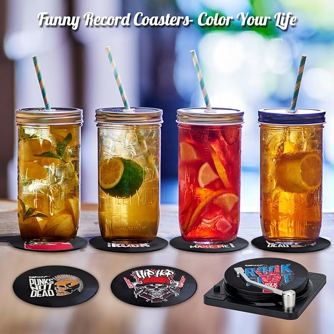 Valdivia Funny Retro Vinyl Record Coasters with Player, 6PCS Rock Coasters for Drinks, Cool Home Decor for Housewarming Gifts, Music Lovers Gifts, Birthday Gifts for Men and White Elephant Gifts Ideas