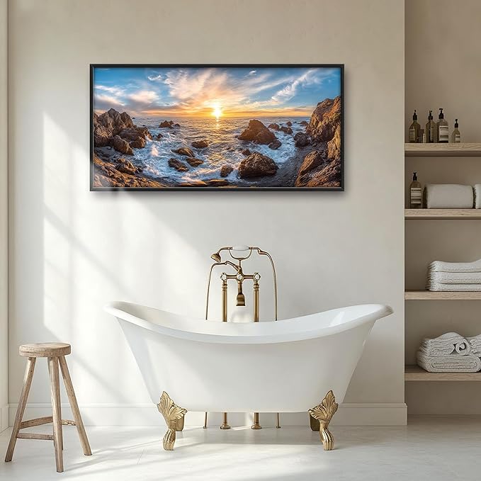 Coastal Large Wall Art for Living Room, Ocean Sunrise Oversized Wall Decor Pictures, Coast Seascape Framed Canvas Print Painting, Modern Artwork for Bedroom Office Home Decor 60"x30"