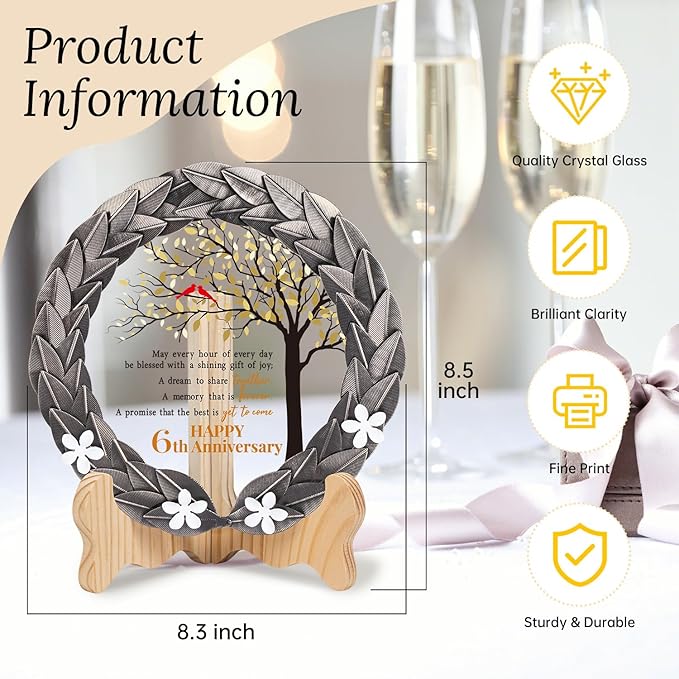 6th Anniversary Wedding Gifts Crystal Plate with Iron Leaf Wreath – 6 Years Iron Ideas for Couple or Parents – Cardinal Style