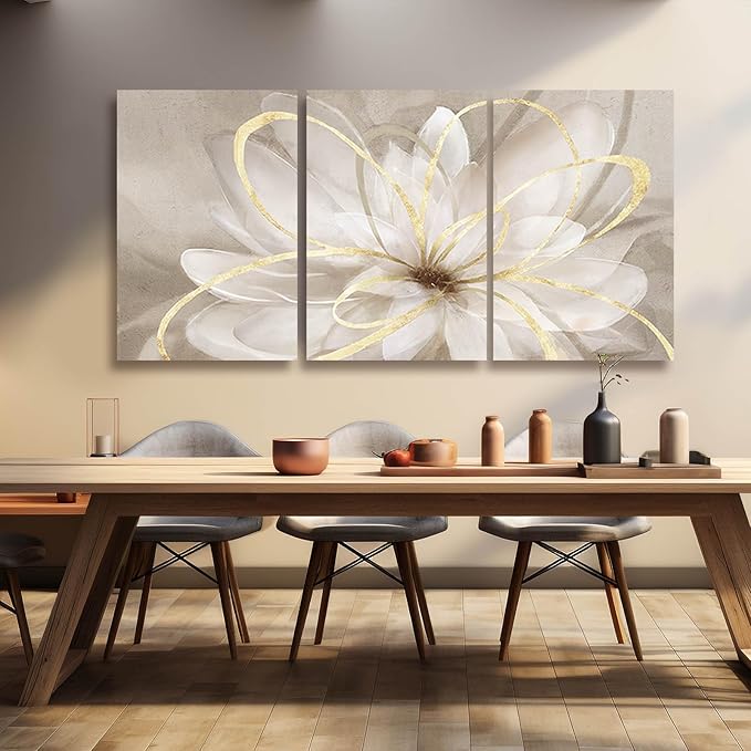 Kureful White Floral Wall Art Maximalist Decor 16"x 24"x 3 Pieces Flower Canvas Painting Wall Decor Gold Picture for Living Room Bedroom Home Decor