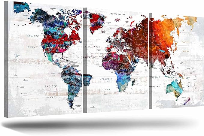 World Map Wall Art Living Room Wall Decor Office Pictures for Wall Decorations Large Abstract Art 60" W x 28" H Framed Paintings for Dining Room