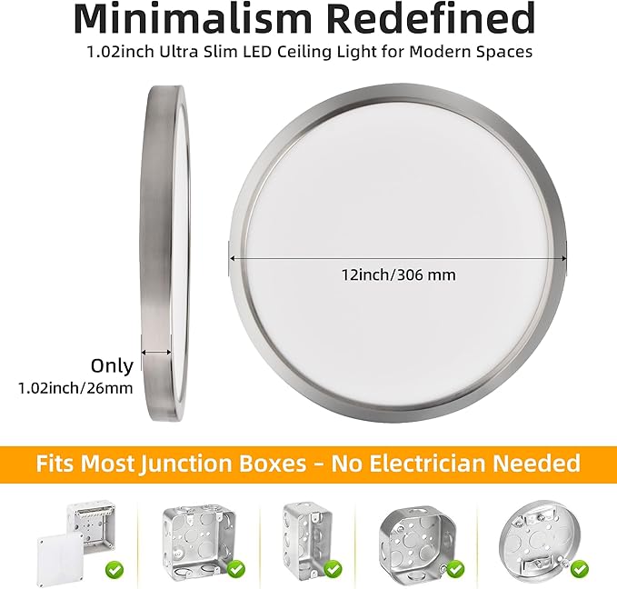 Hlite 6pack 12 inch Flush Mount LED Ceiling Light Fixture,24W 2400LM Super Slim Light Fixtures Ceiling Mount 3000K/4000K/5000K 3CCT Selectable,Ceiling Light Fixtures for Kitchen,Bedroom (Nickel)