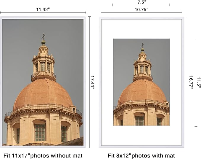 Vittanly 11x17 Picture Frame for Wall, Plexiglass, Displays Poster 8x12 with Mat or 11x17 without Mat, PVC Frame Material, Horizontal or Vertical Hanging, 1 Pack, White