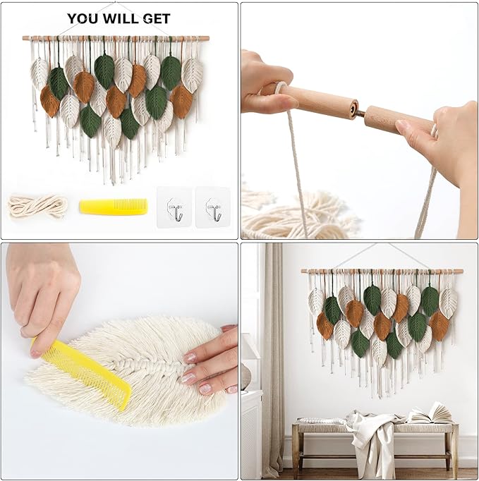 KHOYIME Large Macrame Wall Hanging Boho Woven Tapestry, Chic Home Decor Modern Bohemian Handmade Leaf Feather Wall Art Decorations for Apartment Dorm Living Room Bedroom Nursery Backdrop 39"W X 29.5"L