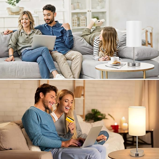 AKASUKI Table Lamp for Bedroom, 3 Way Dimmable Touch Lamp with Dual Charging Station, Small Bedside Lamps for Night Stands, Living Room, Office(LED Bulb Included)