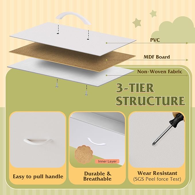 WLIVE White Tall Dresser for Bedroom, 7 Drawer Dressers & Chests of Drawers, Fabric Dresser for Closet, Living Room, Night Stand with Metal Frame, Storage Tower with Fabric Bins, Wood Top