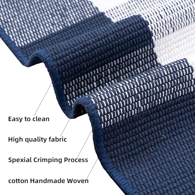 SEEKSEE Cotton Buffalo Plaid Rug 3'x5' Navy Blue and White Checked Rug Washable Doormats Indoor Outdoor Rugs for Layered Front Door Mats, Porch, Kitchen, Farmhouse, Entryway
