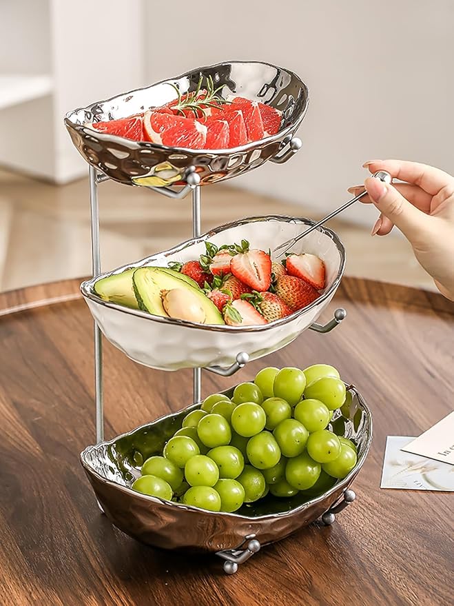 3-Tier Fruit Bowls for Kitchen Counter,Ceramic Bowl with Silver Metal Stand,3 Tier Fruit Basket for Fruit,Snack,Cake,Nuts,Dessert Storage