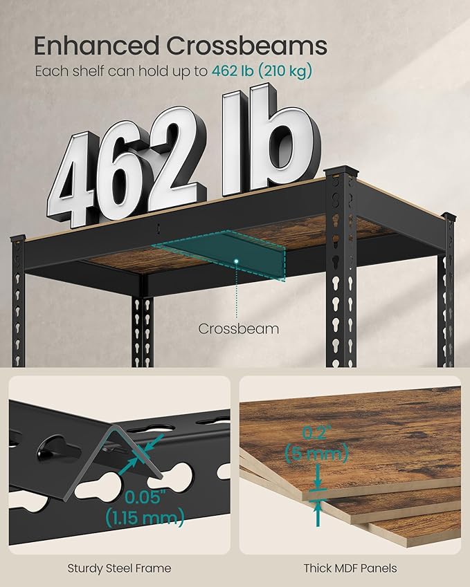 SONGMICS 5-Tier Storage Shelves, Load 2310 lb, Garage Storage, Boltless Assembly, Adjustable Shelving Unit, 17.7 x 35.4 x 70.9 Inches, for Study Shed Basement, Black and Rustic Brown UGLR450B11