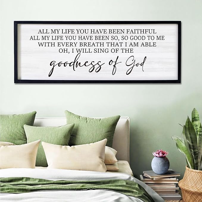 Goodness of God Framed Wall Art, 40''×15'' Positive Religious Black Bible Verse for Christian God Jesus Christ Prayer, Vintage Rustic Long Holy Catholic Scripture Decor