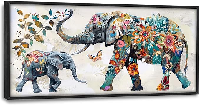 Abstract Elephant Large Framed Wall Art Oversized Floral Elephants Pictures Wall Decor Flower Leaf Butterfly Canvas Print Painting Aesthetic Modern Artwork for Living Room Bedroom Office Bathroom Home Decor 60L"x30W"