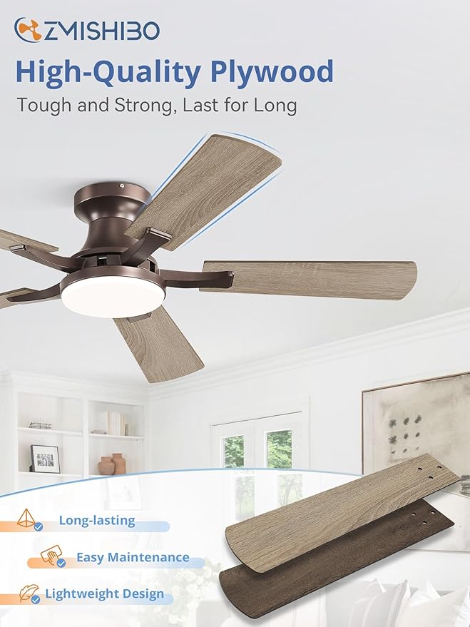 ZMISHIBO 42 Inch Ceiling Fan with Light, App&Remote Control, Flush Mount Low Profile, Dimmable 20W LED Light, Quiet Reversible Motor for Bedroom, Living Room, Apartment, Brown