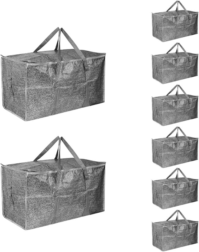 8 Pack-Extra Large Heavy Duty Moving Bags - Waterproof Storage Totes with Handles & Zippers, Foldable for College Dorm, Storage (Gray)