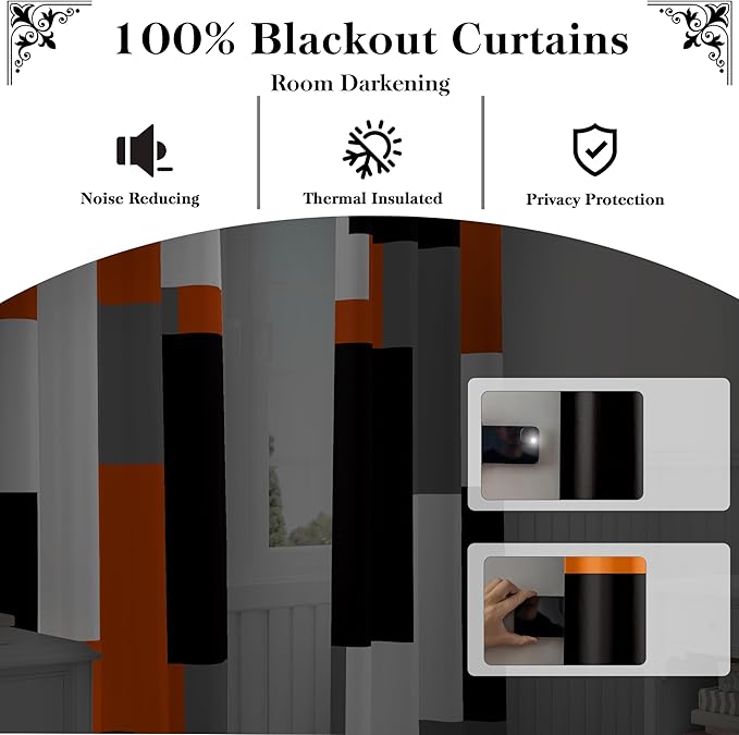 Orange 100% Blackout Curtains for Bedroom 96 inch Length 2 Panels Set White Grey Modern Abstract Geometric Black Out Curtains Insulated Room Darkening Window Drapes for Living Room, 42Wx96L