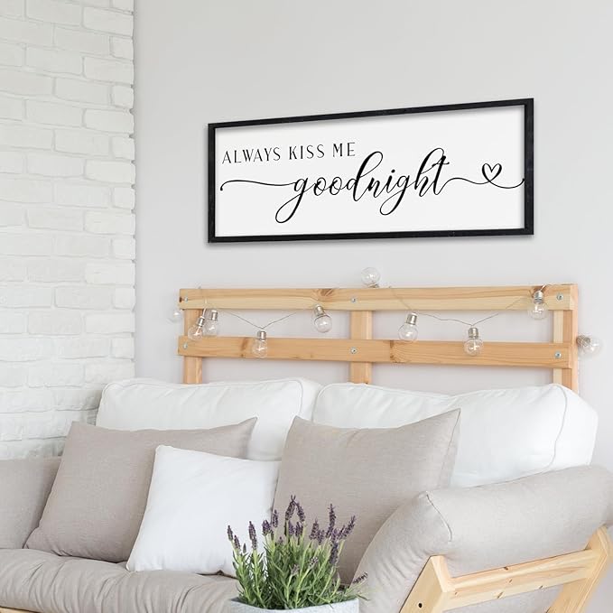 Surfapans Master Bedroom Above Bed Wall Decor 32"×12" Always Kiss Me Goodnight Sign Rustic Farmhouse Couples Over Bed Romantic Love Quotes Modern Large Wood Frame Horizontal Wall Hanging Art (Black
