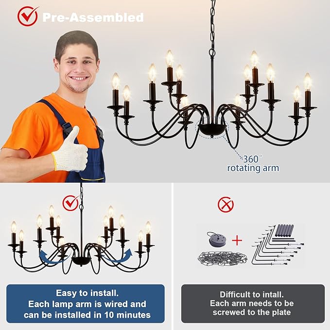 Depuley Farmhouse Chandelier Light Fixture: 12-Light Black Modern Chandelier for Dining Room Lighting - Industrial Hanging Pendant Lights Kitchen Island - Vintage Candle Chandeliers for Foyer