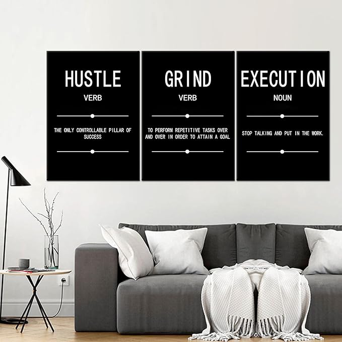Grind Hustle Execution Noun Motivational Painting Wall Art 3 Pieces Canvas Print Inspirational Office Decor Poster Inspiring Quotes Framed for Wall Art Decoration Ready to Hang [60''Wx 28''H]