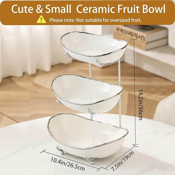 Ceramic Fruit Bowl for Kitchen Counter - 3 Tier Fruit Basket with Metal Stand, Tiered Fruit Stand for Countertop, Snack, Nuts, Cake, Dessert, Small & Cute (Silver-rimmed)